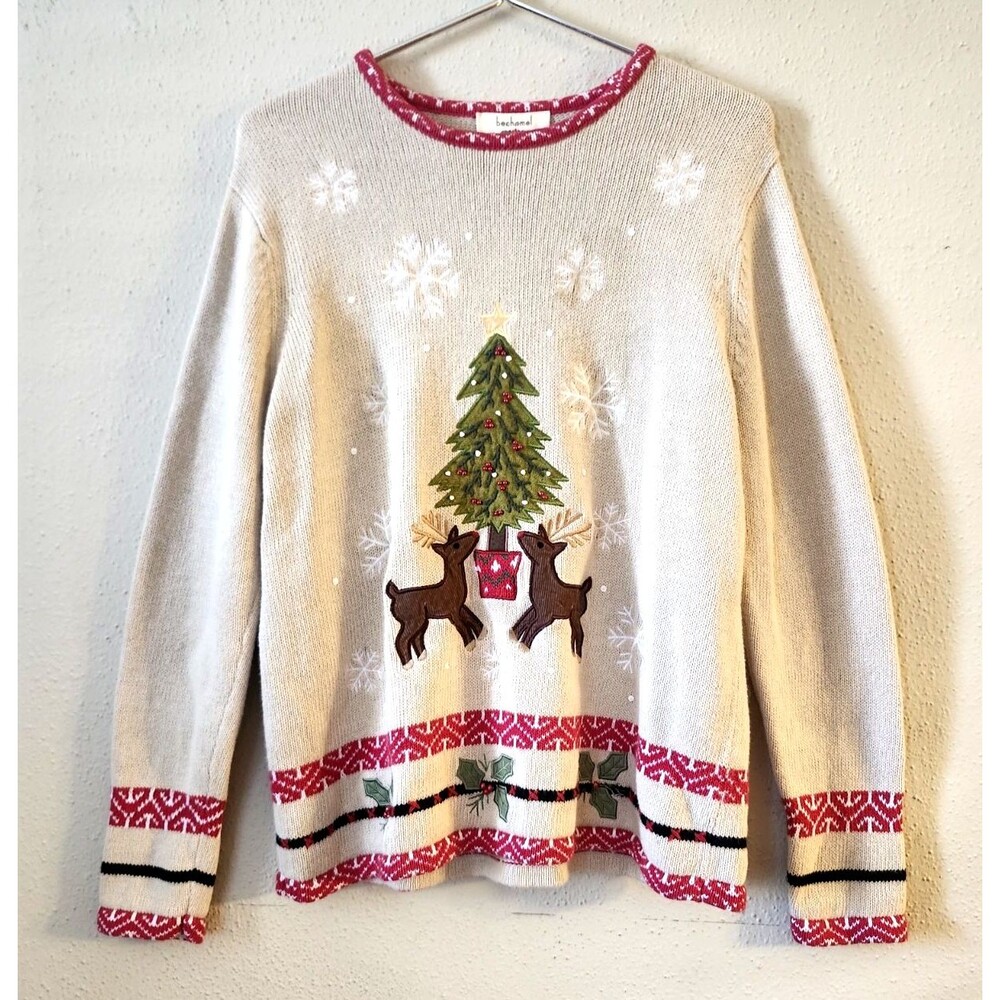 Vintage 1990s Bechamel Embroidered Reindeer & Christmas Tree Holiday Sweater M